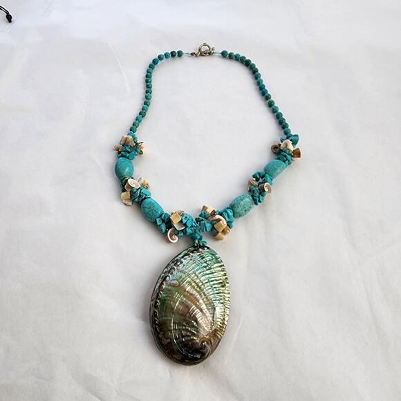 Hand Made Artisan Genuine Turquoise Blue Stone Abalone shell boho beach NECKLACE - Picture 12 of 12
